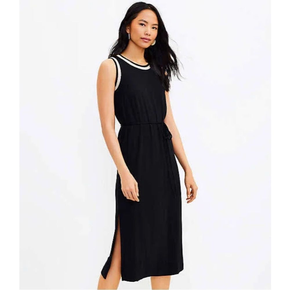 Loft Crochet Trim Jersey‎ Knit Sleeveless Belted Midi Dress Black Tan XS